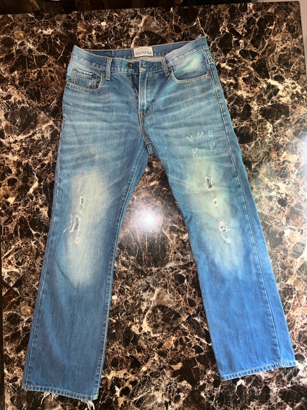 Abercrombie & Fitch Men’s Light Blue Straight Jeans with Distressed Detailing